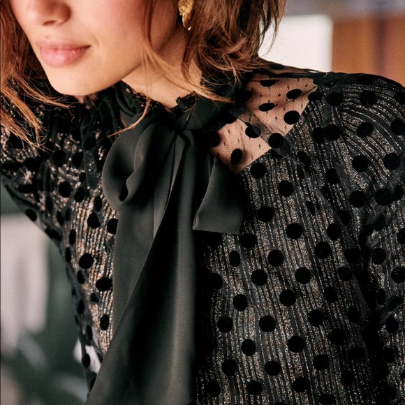 NWT Sézane Siam blouse sheer top polka dots black bow sz 36 US 4 - Picture 3 of 7